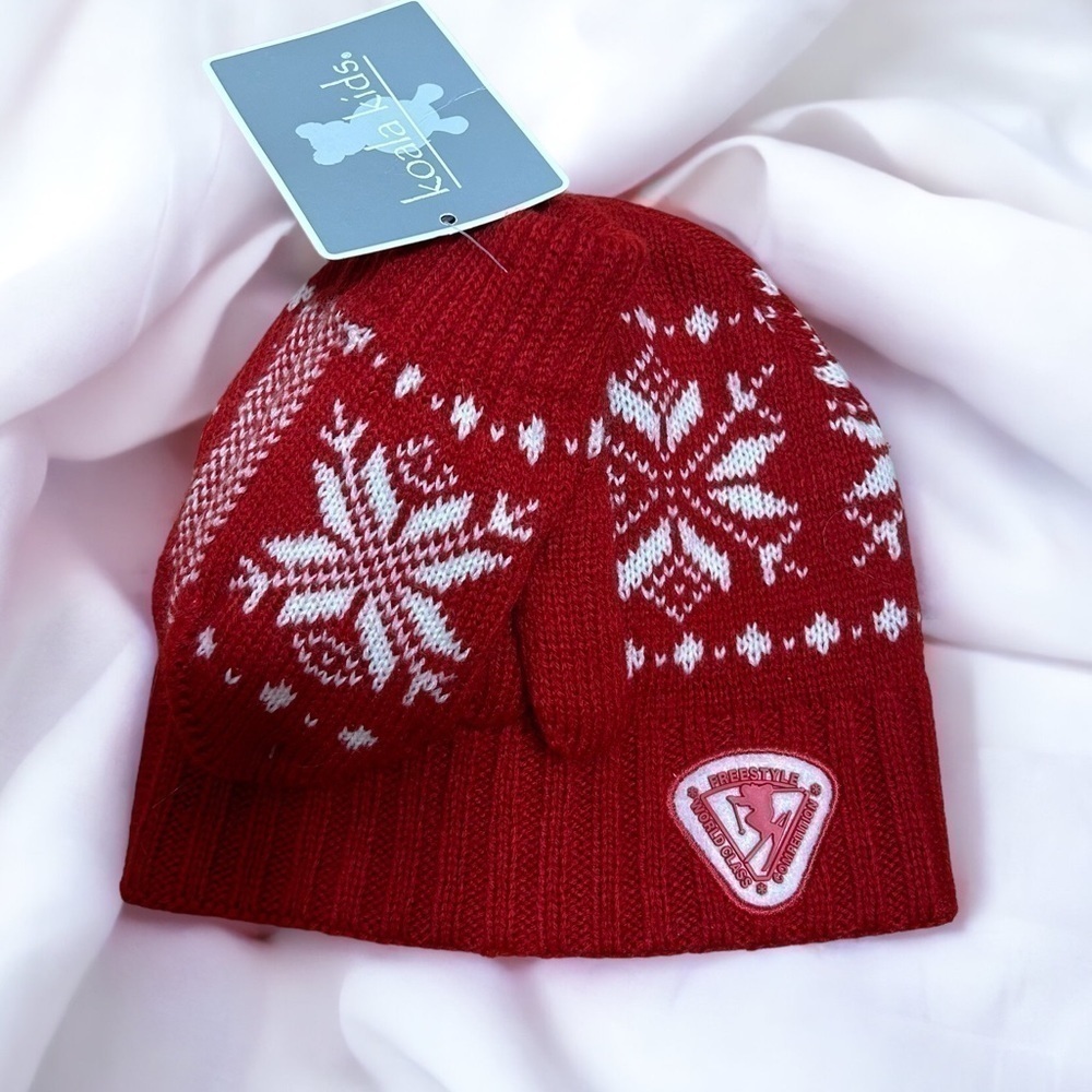 Koala Kids Knit Hat & Mittens Set NWT Red 3T-4T Fair Isle
